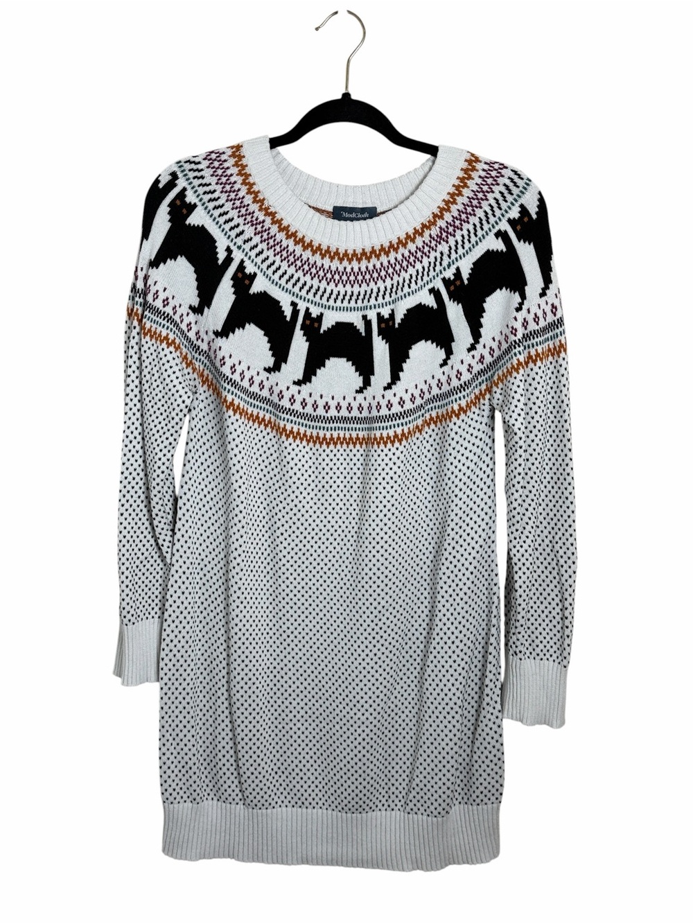 Modcloth Cozy Commitment Sweater Dress Cat Fair Isle Size Large Fall Halloween